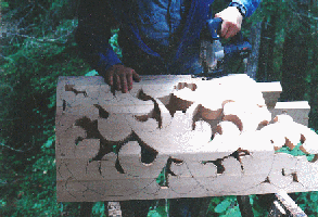 Carving the ASU pipe shades, Arizona State University, Tempe AZ, wood carver Jude Fritts